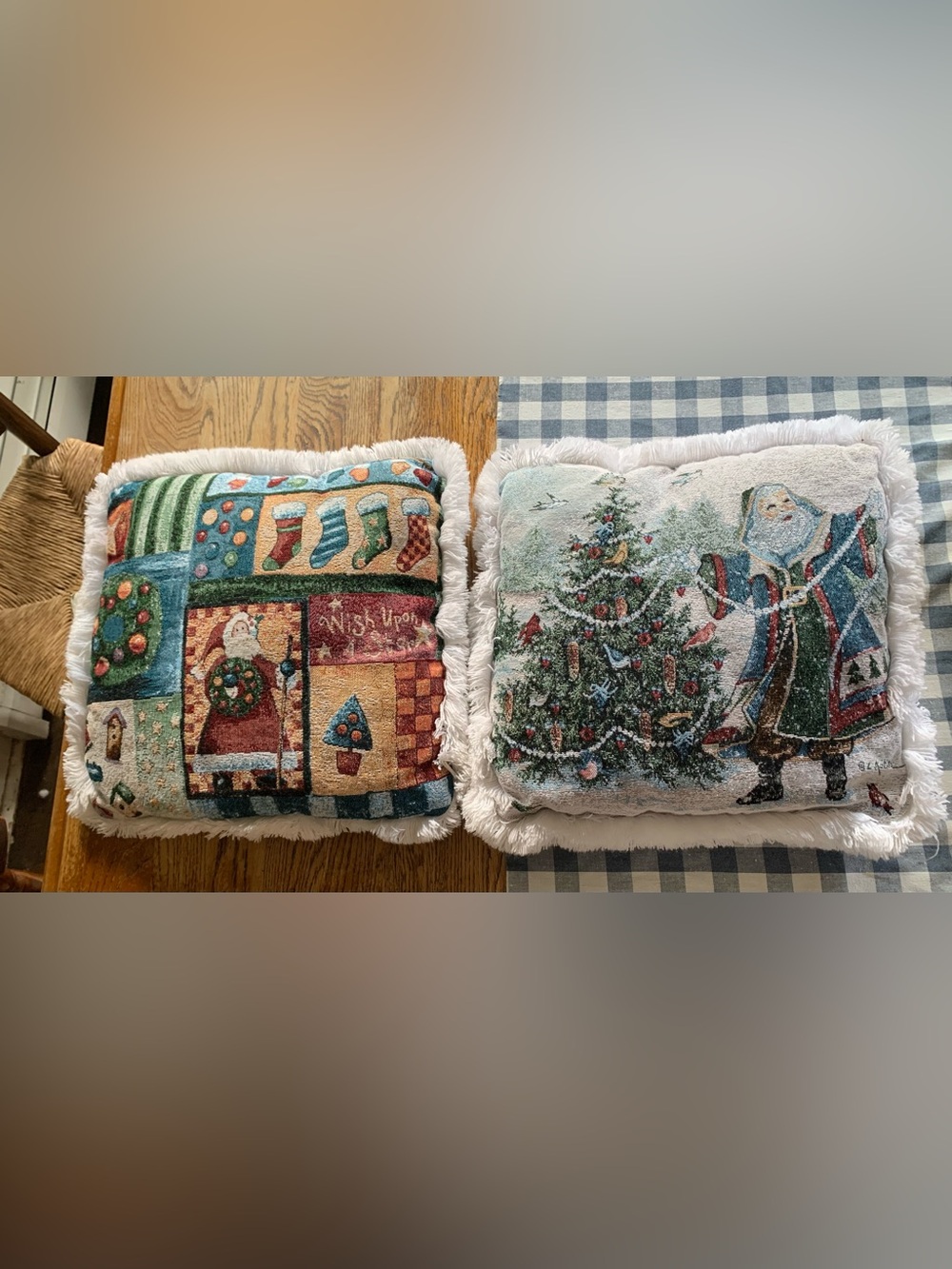 Holiday Fringe Tapestry Throw Pillow Pair Blue/Green Christmas Tree & Stockings